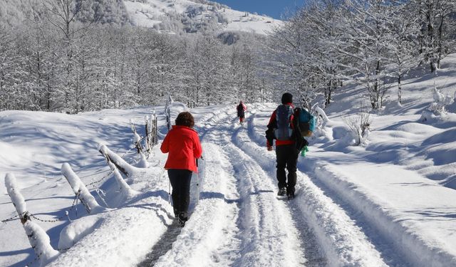 Doğaseverler kar altında kalan "Kadıralak Yaylası"na yürüdü