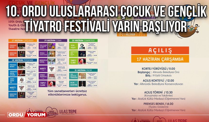 10. Ordu Uluslararası Çocuk ve Gençlik Tiyatro Festivali Yarın Başlıyor