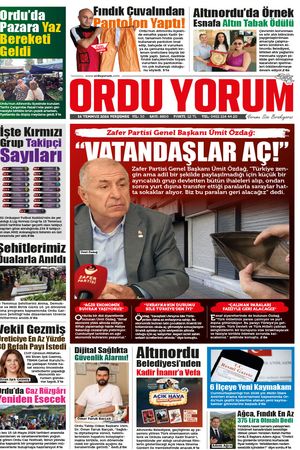Ordu Yorum Gazetesi | Ordu'nun En Güncel Haber Gazetesi - 16.07.2026 Manşeti