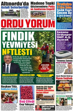Ordu Yorum Gazetesi | Ordu'nun En Güncel Haber Gazetesi - 17.07.2026 Manşeti